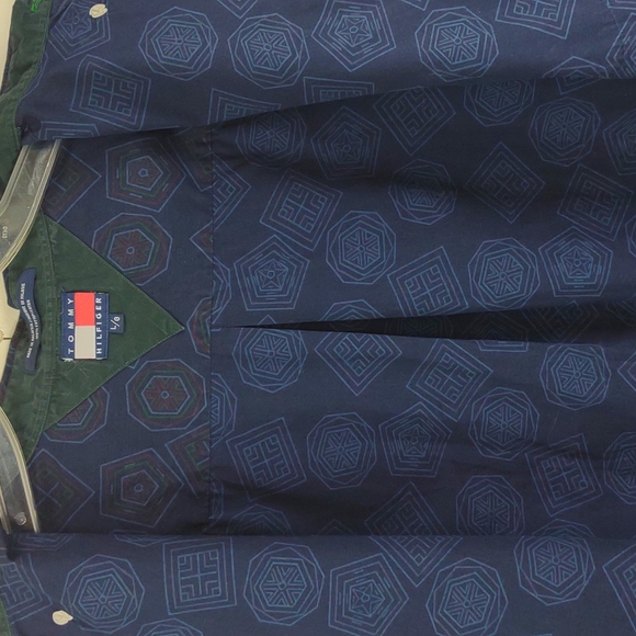 Men's Hilfiger Vtg. LS BU Cotton Navy Blue Geometric Pattern Mirror Inside Shirt - Picture 11 of 13